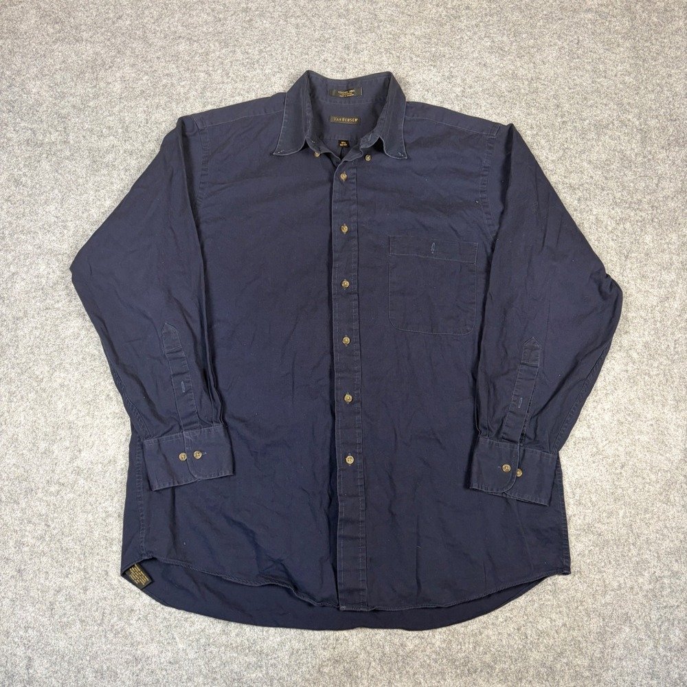 Van Heusen Peached Twill Navy Blue Cotton Button Down Shirt Mens 16.5 32/33